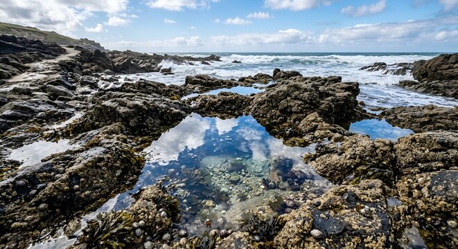 Crystal Clear Tide Pools Along a Rocky Coastal Shoreline