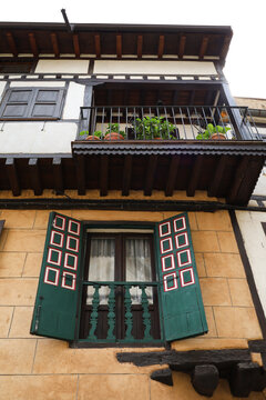 Typical houses with granite stone plinths and upper floors with geometric wooden frameworks and adobe in La Alberca town