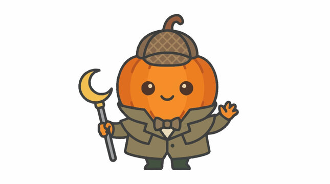 Minimalist Cartoon Jack O Lantern Detective with Deerstalker Hat Cane and Bowtie in Warm Orange and Brown Colors