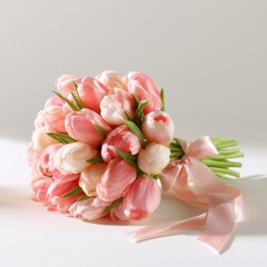 Obraz premium Elegant bouquet of soft pink and white tulips tied with a delicate satin ribbon lying on a white surface in natural light