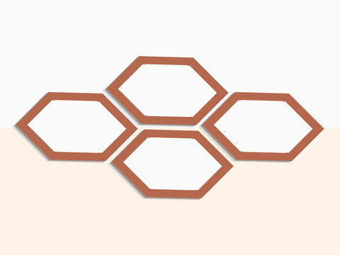 4 hexagonal frames isolated on a wall. Diamond shape frame for home decoration.