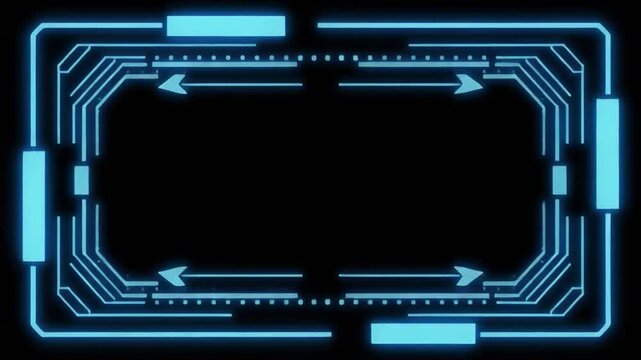 Futuristic holographic display frame animating with glowing blue digital lines and data points on black background