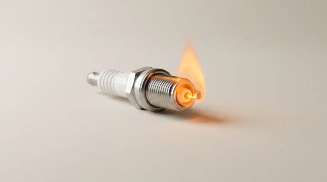 Spark plug igniting orange flame with metallic thread on neutral background, evoking energy, heat, combustion, and automotive power