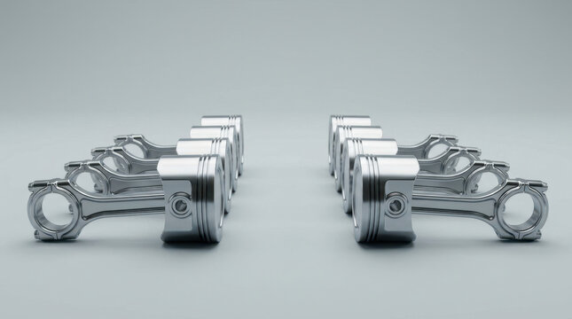 Symmetrical rows of polished piston and connecting rod parts create precise mechanical arrangement with industrial elegance