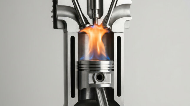 Cutaway internal combustion cylinder with fiery piston engine chamber