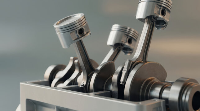 Piston engine mechanism with polished metal connecting rod and crankshaft, conveying precision engineering and mechanical power in motion
