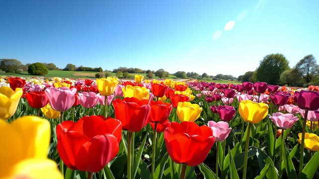 Colorful tulip field blooming in spring sunshine