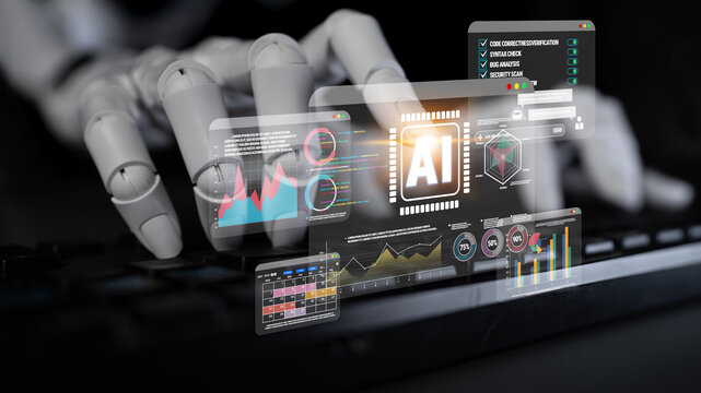Futuristic Robot Hand Interacting with Digital Data Visualizations and Graphs on a Keyboard in a Concept of Artificial Intelligence and Technology Quark.