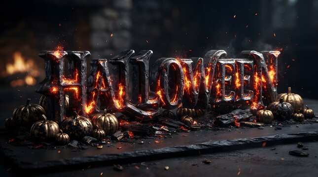 Halloween text made of burning fire flames with small pumpkins on a dark wooden table