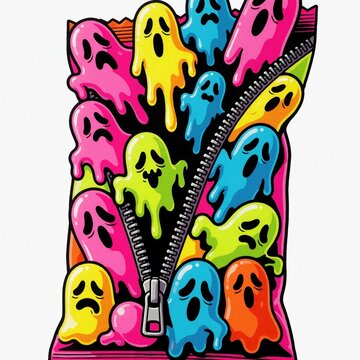 Pop surreal sticker design of haunted candy bag. Colorful ghost spirits escape from open zipper on pink package. Bright neon ghosts emerge from snack bag in spooky candy themed illustration on white