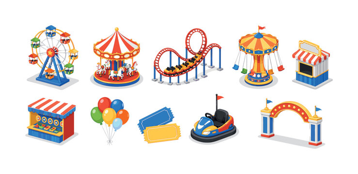 Collection of isometric amusement park rides and attractions on white background