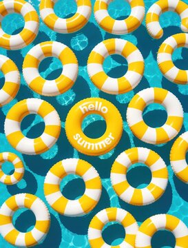 Yellow and white striped inflatable rings float on bright turquoise pool water. One ring says hello summer. Ideal for summer fun vacation and pool party themes.