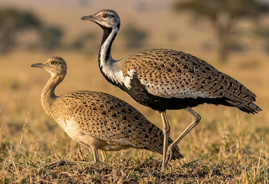 Black-bellied bustard couple (Lophotis melanogaster) in African savanna grassland