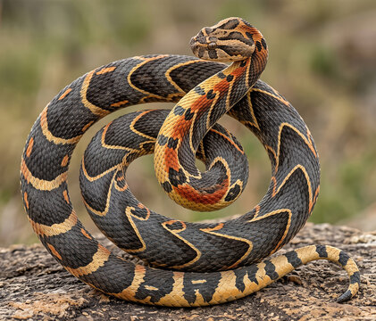 Coiled viper snake (Bothrops jararaca) coiled on rock with patterned scales