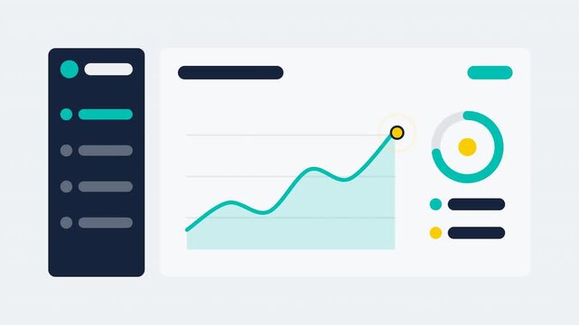 Flat design revenue dashboard animation with sidebar navigation, revealing revenue area chart, progress ring target and stat rows, 4K motion graphics.