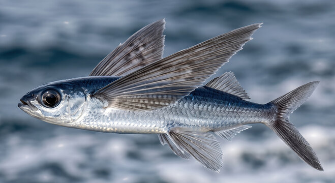 Flying fish (Cypselurus heterurus) gliding above the ocean surface with large winglike fins