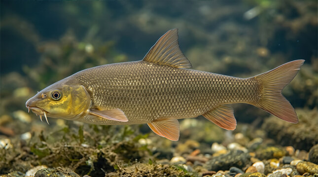 Barbel fish (Barbus barbus) swimming underwater in river habitat