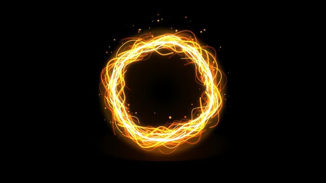 Fiery circle of energy lines glowing on black background, dynamic motion loop suitable for cosmic portal or magic ring visual effect.