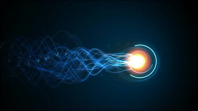 Futuristic energy source glowing with blue light trails and particle waves flowing through dark space in seamless motion graphic loop.