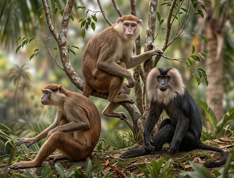 Monkey species Patas monkey (Erythrocebus patas) and Lion-tailed macaque (Macaca silenus)