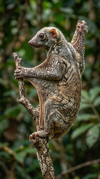 Sunda colugo (Galeopterus variegatus) clinging to a tree branch in a rainforest