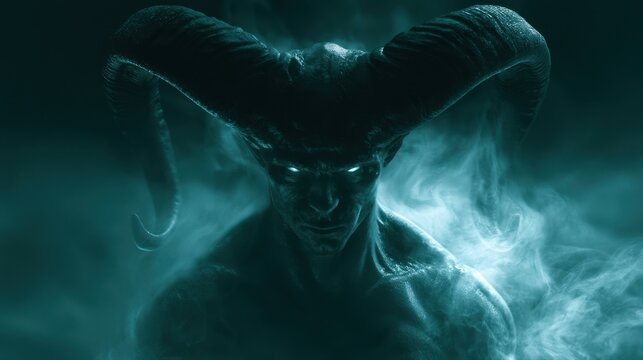 Mysterious dark figure with large curved horns glowing eyes emerging from swirling mist in eerie atmospheric fantasy setting