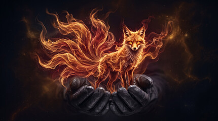 Fototapeta premium Digital illustration of a fox made of glowing flames standing in cupped hands, magical fire effect, dark background. Fantasy art, mystical concept, creative design.