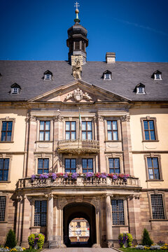 Fulda Stadtschloss Baroque Palace Central Risalit Tower Portal Balcony Flower Decoration Blue Sky Germany