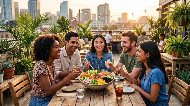 Diverse group of friends sharing a large salad bowl at rooftop restaurant during sunset, city skyline background, joyful social gathering. Lifestyle, dining, hospitality, urban living.