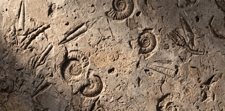 Close-up of ancient ammonite and belemnite fossils embedded in rough, weathered beige limestone rock surface