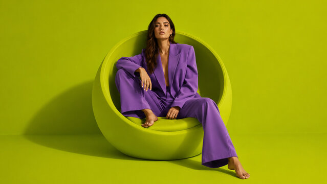 Stylish woman in a purple suit sitting in a sculptural green chair against a vibrant studio background, ideal for fashion, furniture, lifestyle and advertising campaigns.
