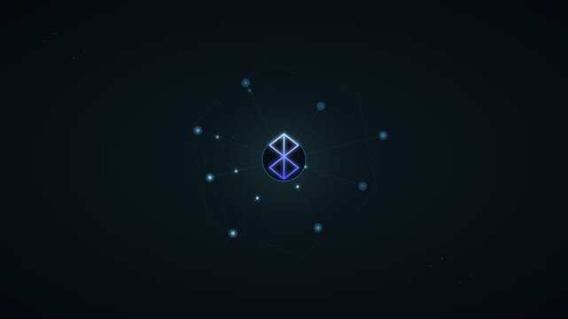 Futuristic digital logo pulsing within a hexagonal network on a dark background, motion graphics animation.