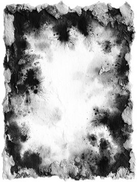 Black and white grunge frame with smoky ink stains, torn edges, and a bright blank center. Ideal for posters, ads, invitations, web headers, and editorial layouts.
