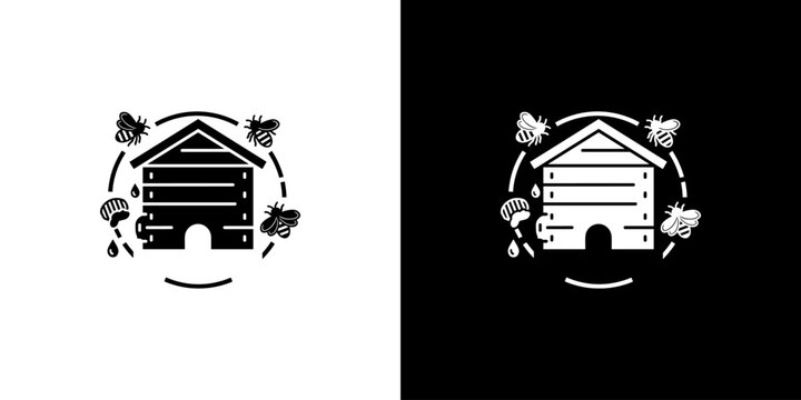 Beehive Icon with Bees and Honey Drops
