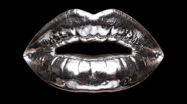 Close up of human lips covered in metallic silver liquid, shiny chrome effect, dark background. Fashion, beauty, makeup, avant garde, cosmetic design.