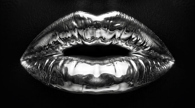 Close up of human lips with metallic silver glittery lipstick, shiny reflection, dark background. Beauty, cosmetics, fashion photography, makeup artistry.