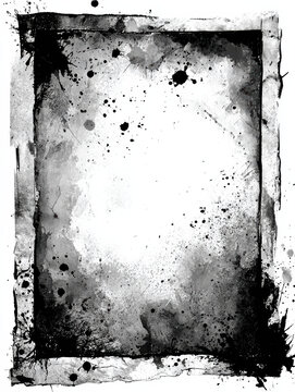 Black and white grunge frame with ink stains, splatters, and worn edges. Ideal for posters, album covers, websites, and editorial layouts.