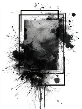 Black grunge composition with ink blots, brush marks, splashes, and overlapping rectangular outlines. Suitable for advertising, magazine layouts, branding, covers, and web design.