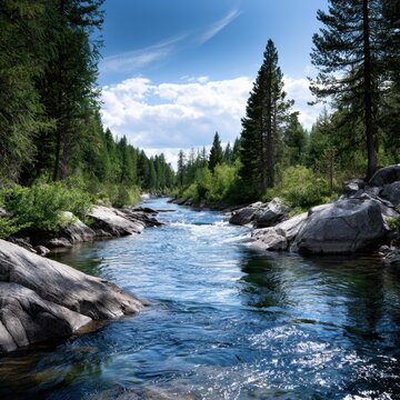 Beautiful flowing river surrounded by lush green trees and large rocks under a bright blue sky on a sunny day in nature