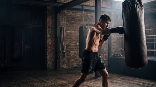 Muscular male boxer training with a heavy punching bag in a gritty urban gym setting