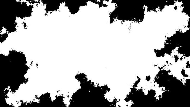 Black ink stain spreading in fluid motion, watercolor bleed bloom transition on white background, organic splatter drops, paint flow and streams, cinematic reveal overlay. 4k animation