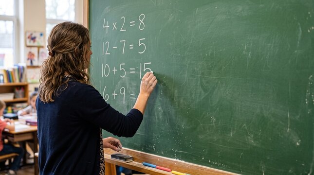 Teacher writing math equations on a green chalkboard in a classroom with students in the background