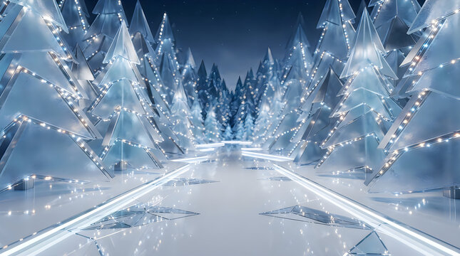 Abstract path through a magical frozen winter forest with glowing blue crystal trees and snow