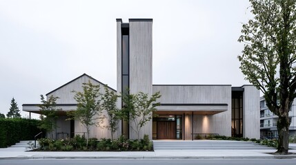 Obraz premium Modern church building with tall tower wooden facade and wide entrance steps under overcast sky