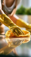 Obraz premium Person wearing protective yellow gloves diligently wiping and polishing a reflective surface with a microfiber cloth during home cleaning chores on a sunny day