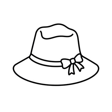A simple black and white line drawing of a classic elegant ladies sun hat with a decorative bow