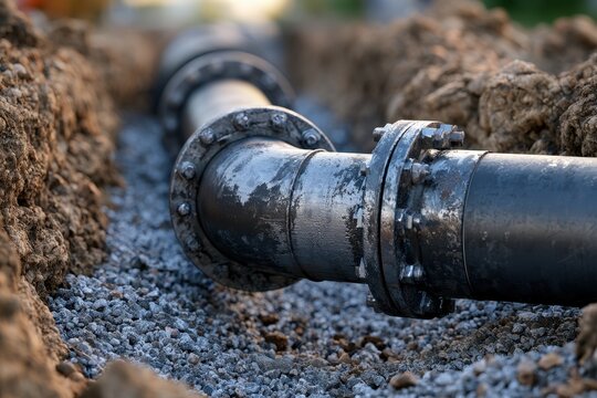 Industrial metal pipeline with bolted flanges installed in excavated trench surrounded by soil and gravel for utility infrastructure project