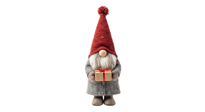 Festive gnome holding a gift box with red ribbon, ready for holiday celebrations