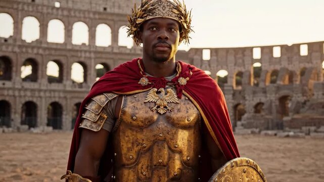 African American Roman Centurion in Golden Armor and Red Cape Standing in Front of the Colosseum.