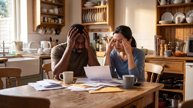 Stressed couple reviewing household bills and financial documents at home kitchen table